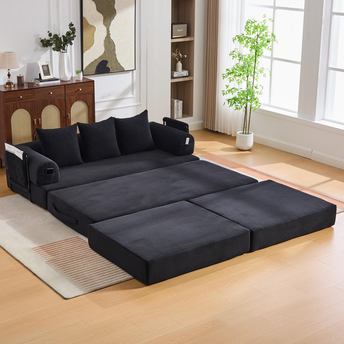 SOFA modular mit Hocker ca. 200 x 190 x 67 cm Cord Black - Schwarz, Kunststoff (190/200cm) - Meubliv