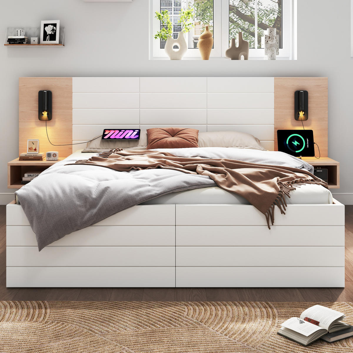 POLSTERBETT aus Massivholz und MDF 160x200 cm in Weiß mit USB & Leselicht - Weiß, Holzwerkstoff (160/200cm) - Modfu