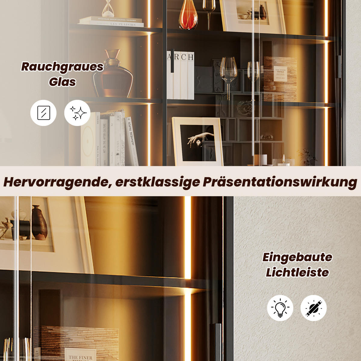 VITRINE 120x28,5x180 cm mit LED und Schiebetüren - Schwarz/Braun, Holzwerkstoff (120/180/28.5cm) - FLIEKS