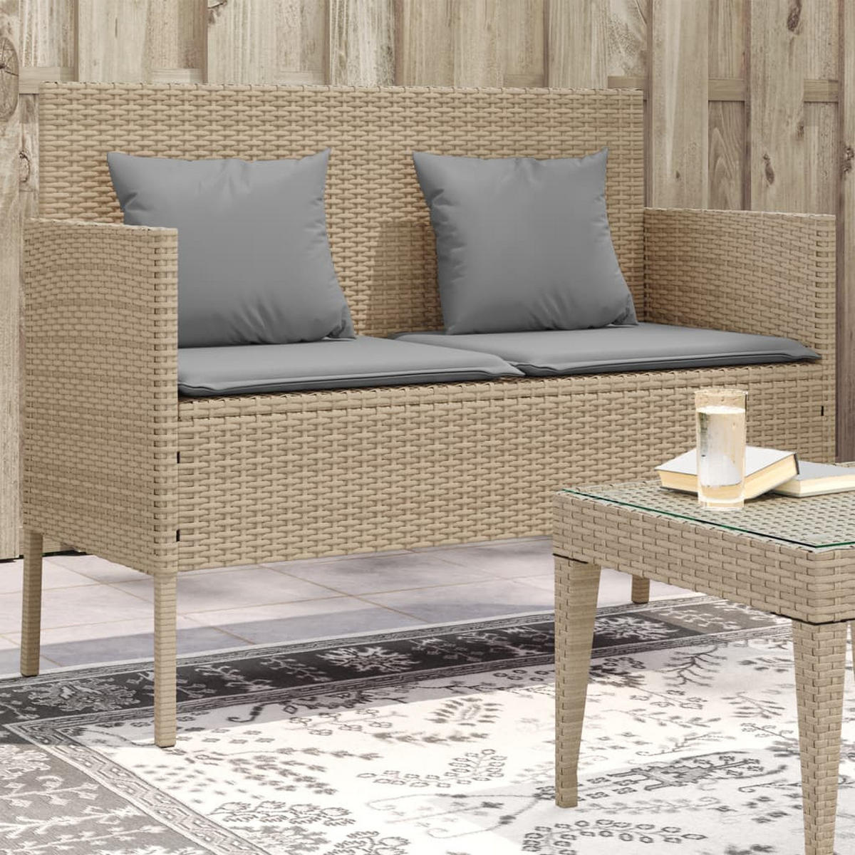 GARTENBANK mit Kissen Beige Poly Rattan - Beige/Grau, Kunststoff (113/87/61cm) - furnicato