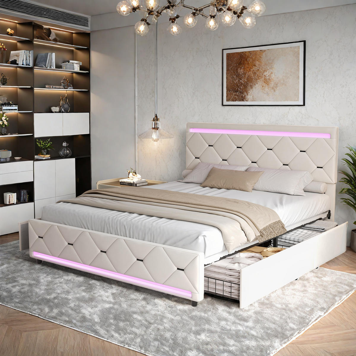 POLSTERBETT 140x200 cm Beige Samt LED USB 4 Schubladen - Beige, Metall (140/200cm) - SHOPENTRA