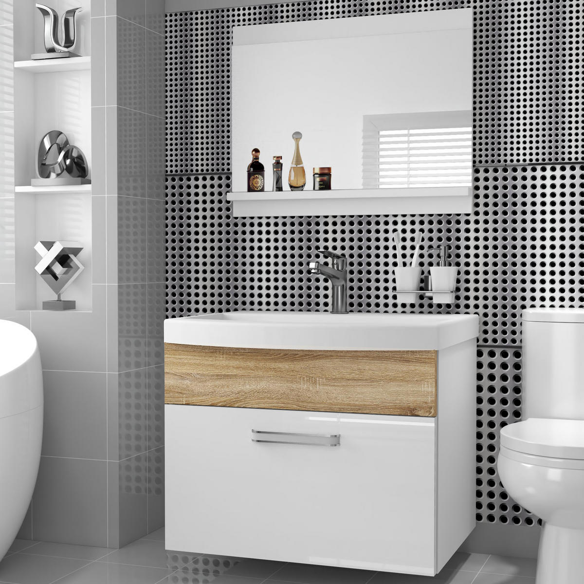 BADMÖBEL Badezimmer SET PRI PM1, Weiß/Sonoma Eiche Hochglanz, 60 cm - Weiß/Sonoma Eiche, Holz (38.7/51/60cm) - B BELINI GROUP