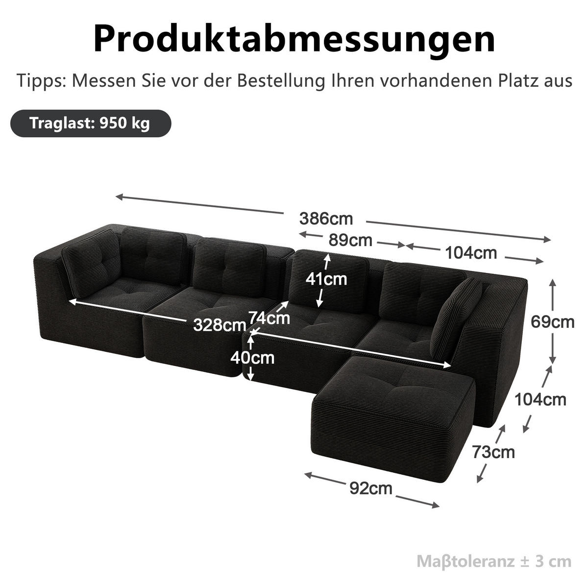 ECKSOFA DE-34220 4-Sitzer mit Tiefsitz Schwarz - Schwarz, Textil (177/386cm) - ComfortXL
