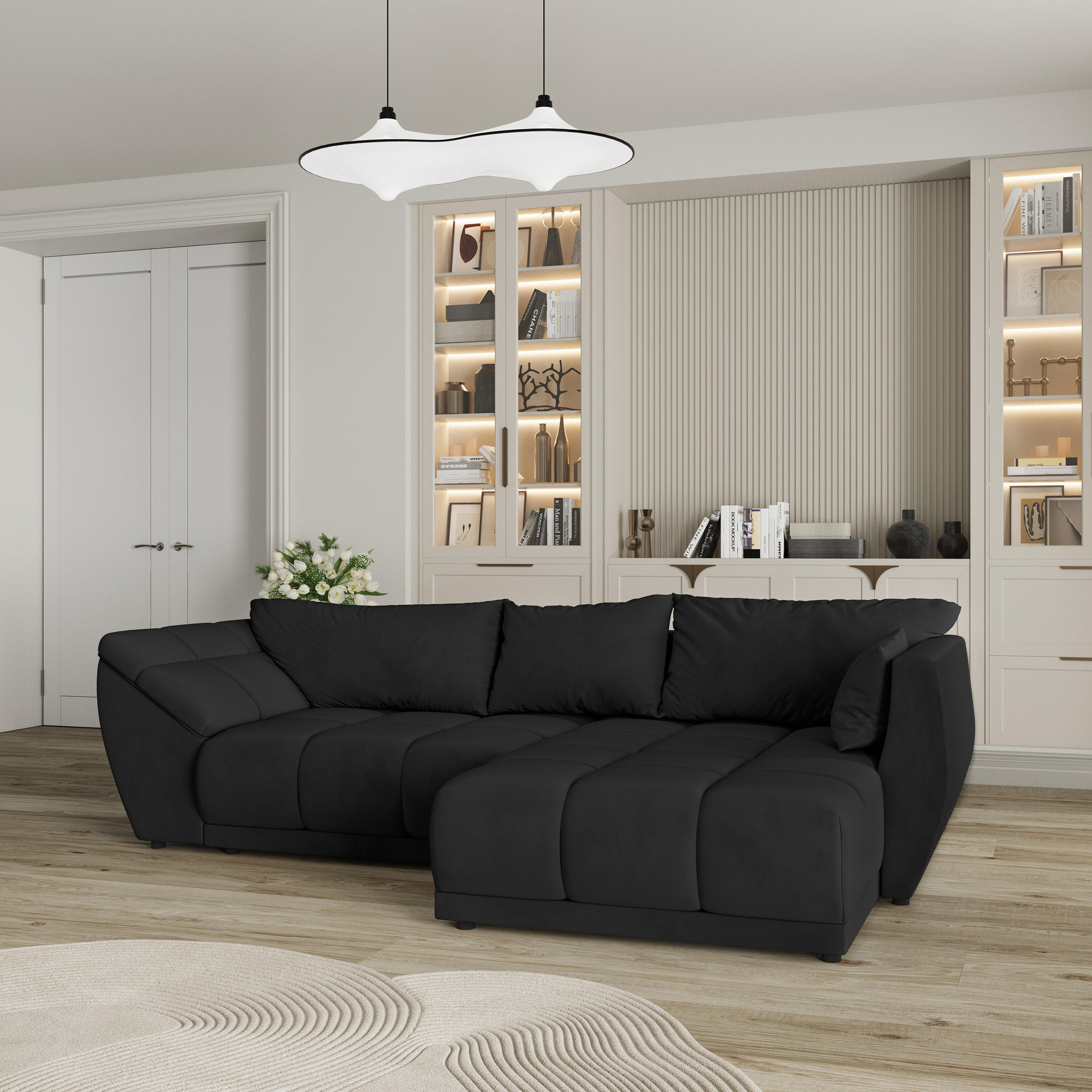 ECKSOFA ORENTI R-S Schwarz Velours-Stoff mit Schlaffunktion - Schwarz, Holz (287/182cm) - MASSENO