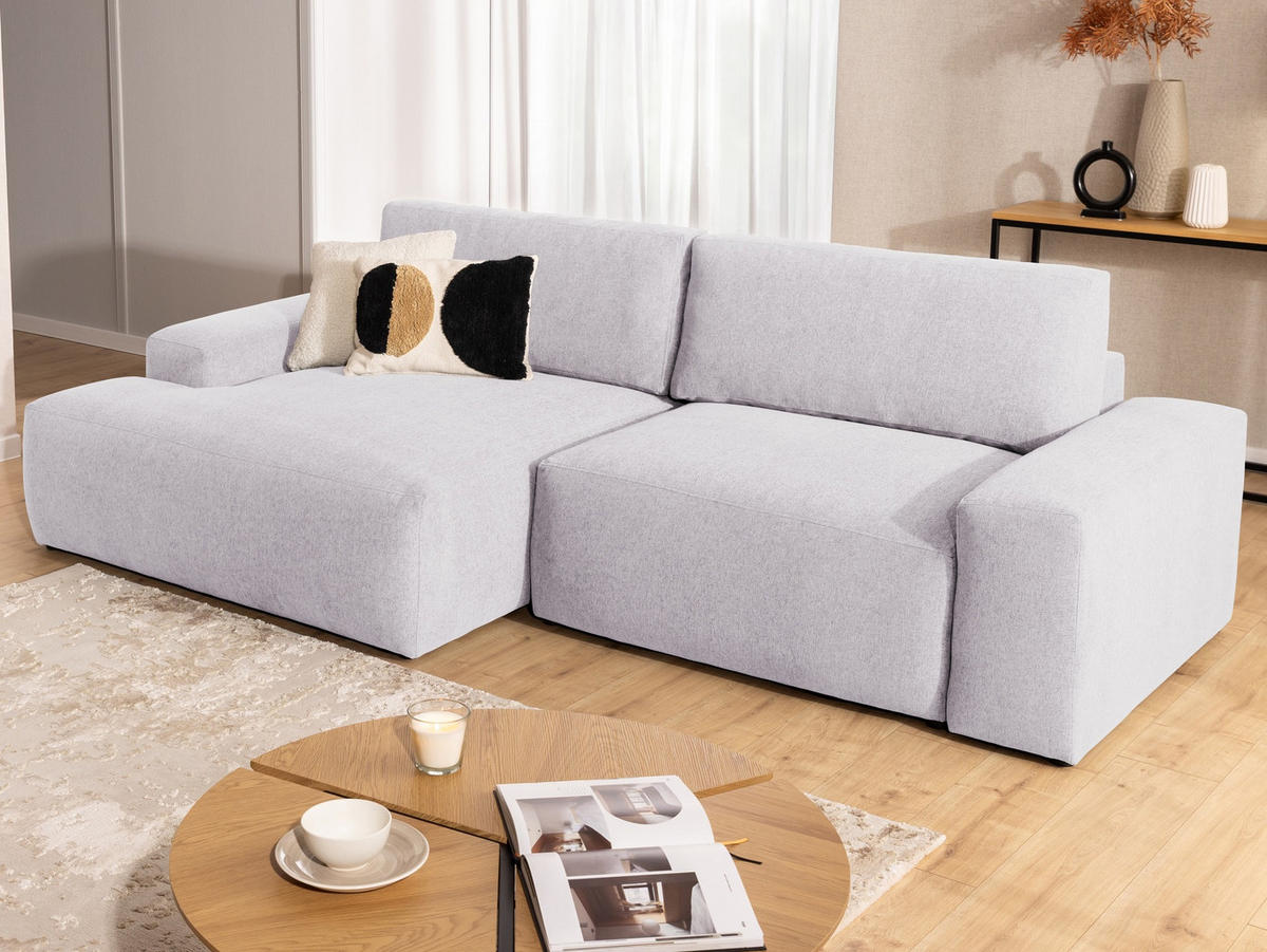 ECKSOFA Lennon aus Greige Strukturstoff mit Schlaffunktion und Bettkasten - Greige/Schwarz, Holz/Kunststoff (137/264cm) - S-Style