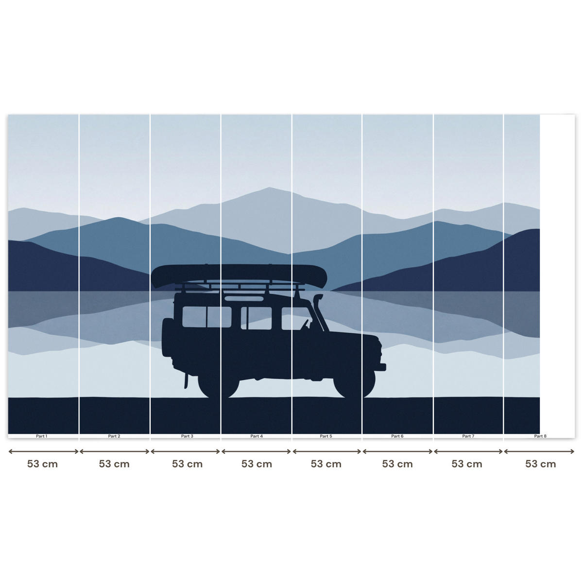 KINDERTAPETE - Auto - See - Berge - Blau - 450x260 cm - Blaugrau, Papier (450/260cm) - OnlyWow