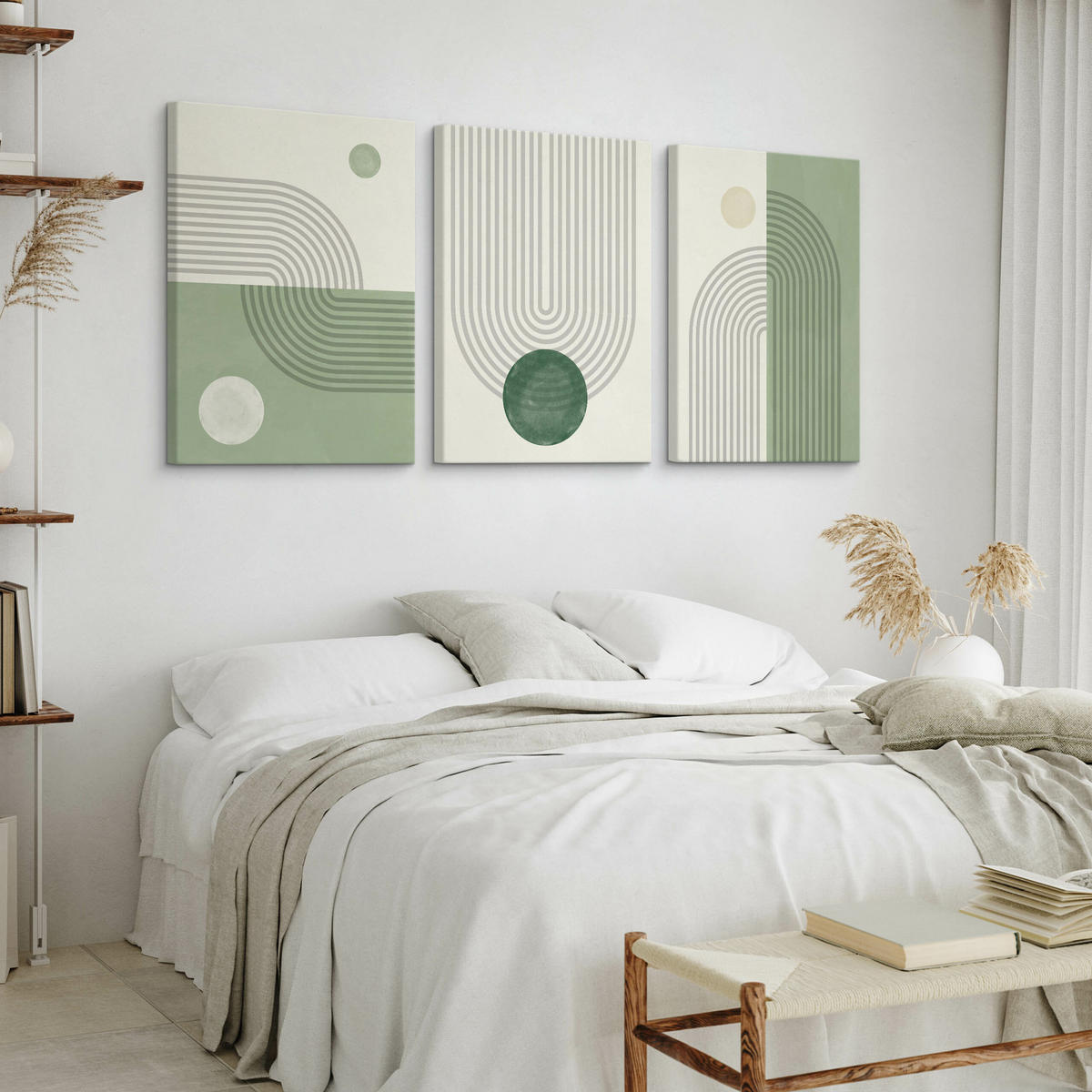 LEINWANDBILDER 3-es Set Geo-Muster Boho - Beige/Grün, Textil (90/40cm) - Muralo