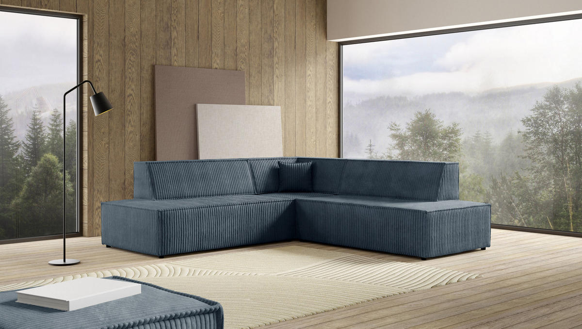 ECKSOFA TESSO II R-S Grau Kordstoff mit Schlaffunktion - Grau, Holz (254/254cm) - MASSENO