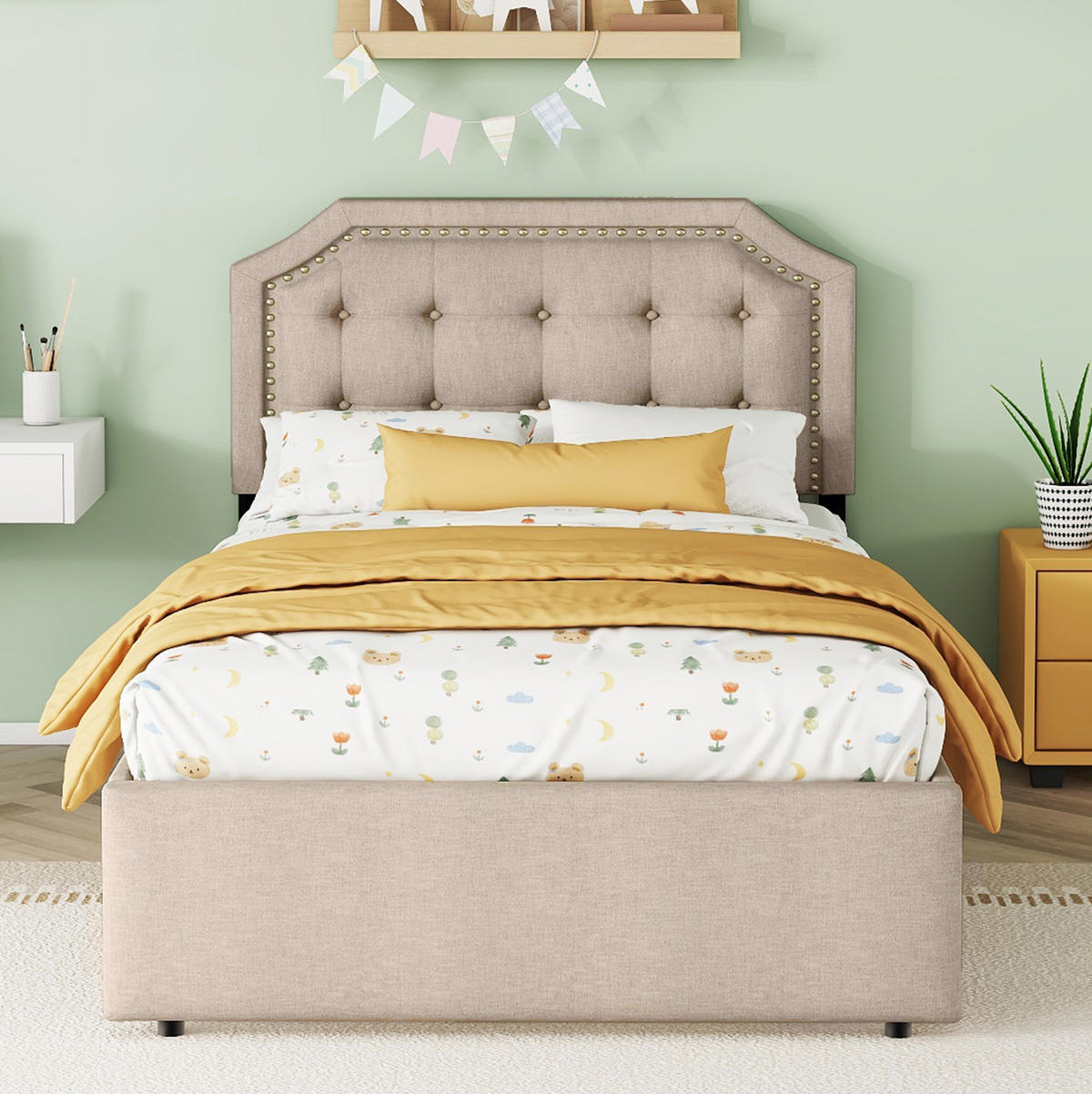 POLSTERBETT 90/200 cm mit 2 Schubladen und gepolstertem Kopfteil in Dunkelbeige - Beige, Textil (90/200cm) - BEAOK