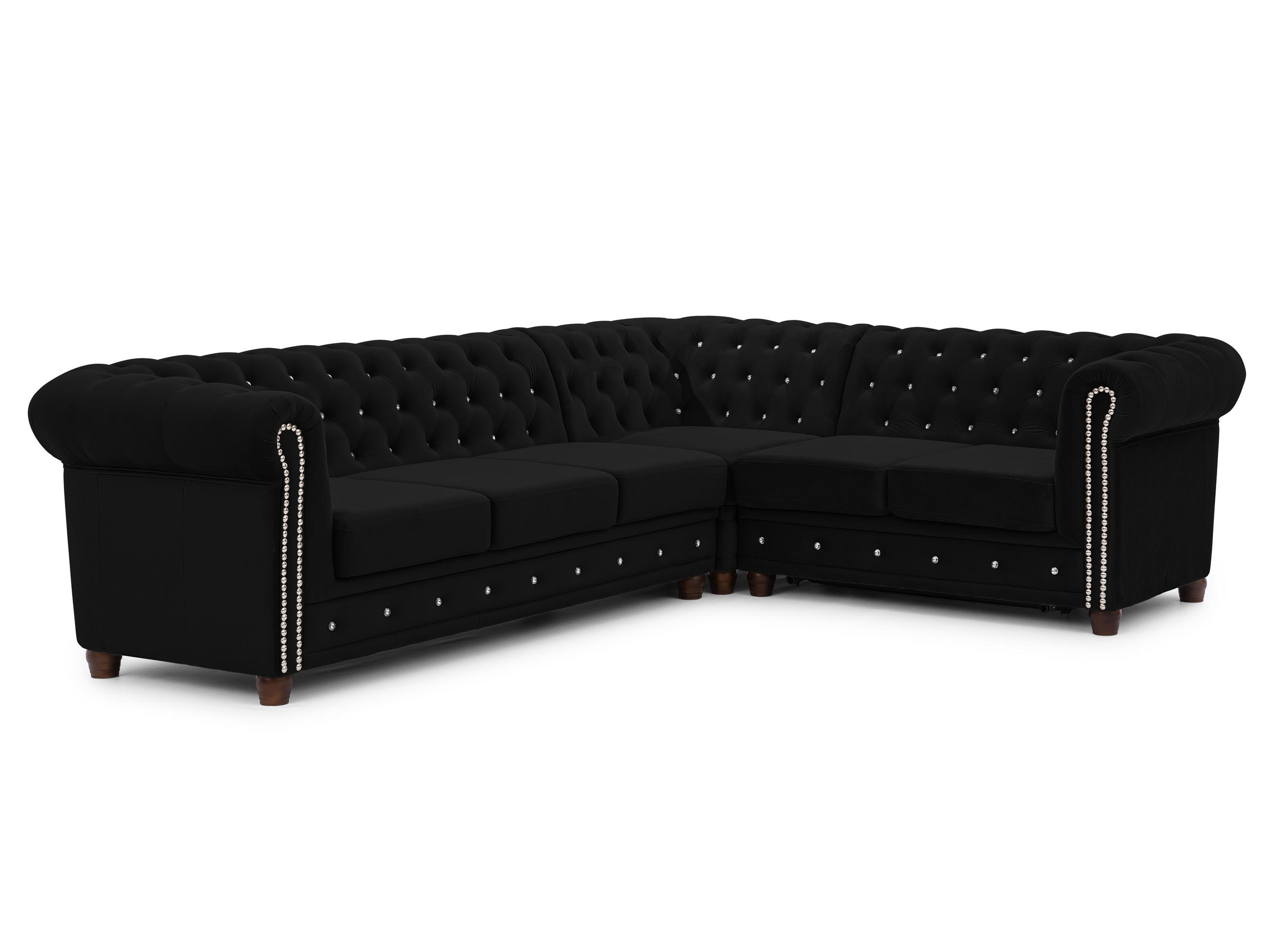 ECKSOFA mit Schlaffunktion Chesterfield Schwarz Samt mit Kristallsteppung und braunen Massivholzfüßen - Ottomane Rechts - Schwarz/Braun, Holz/Textil (264/210cm) - S-Style Möbel