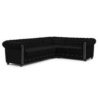 ECKSOFA mit Schlaffunktion Chesterfield Schwarz Samt mit Kristallsteppung und braunen Massivholzfüßen - Ottomane Rechts - Schwarz/Braun, Holz/Textil (264/210cm) - S-Style Möbel