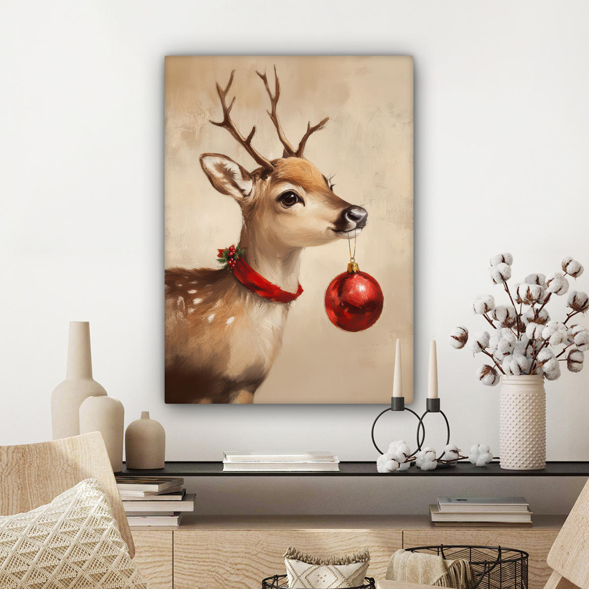 LEINWANDBILD Weihnachten - Hirsch - Geweih - Weihnachtskugel - Rentier Wandbild Wohnzimmer 60x80 cm - Hellbraun, Textil (60/80cm) - MuchoWow