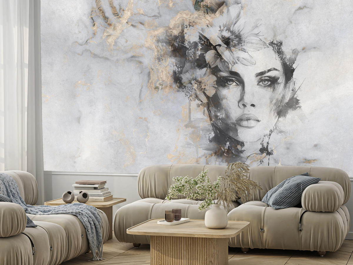 FOTOTAPETE für Wohnzimmer Frau Porträt Beton Blumen Modern 200x140 - Beige/Schwarz, Papier (200/140cm) - Muralo