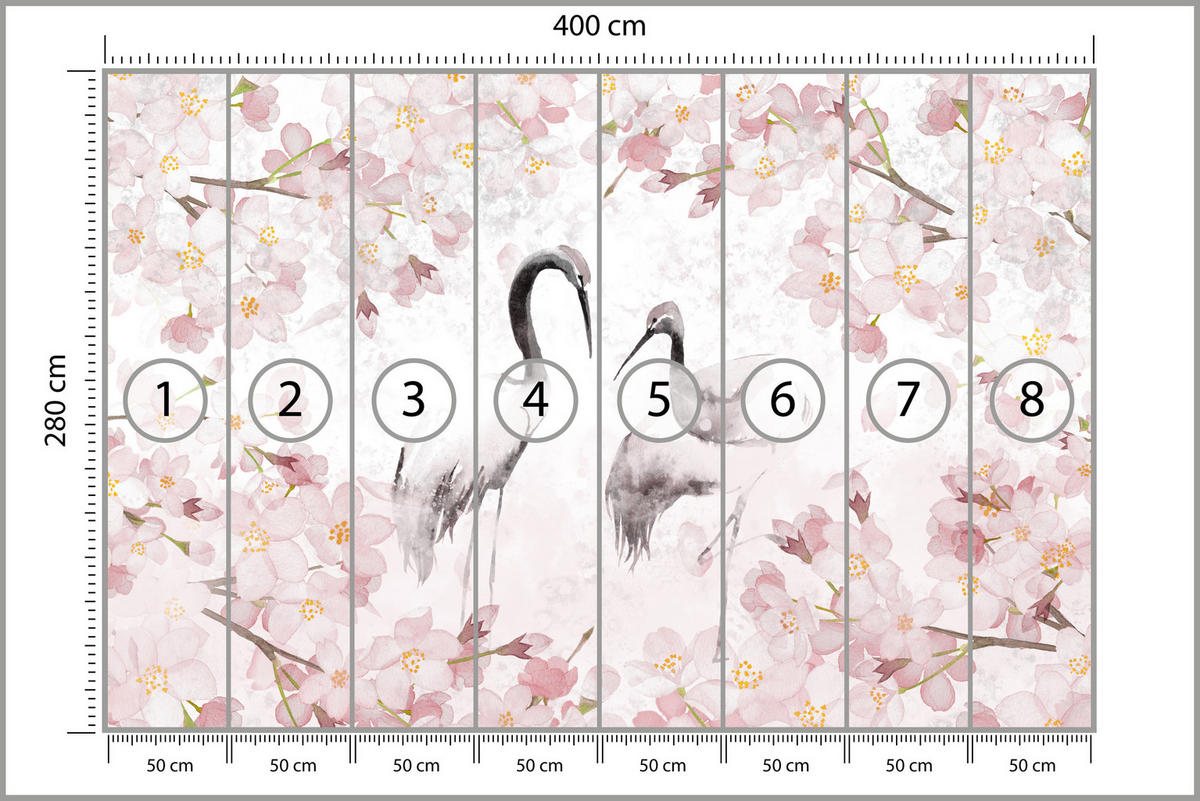 FOTOTAPETE für Schlafzimmer Kraniche Kirschblüten Aquarell Natur Rosa Vintage Blüten 400x280 - Beige/Rosa, Papier (400/280cm) - Muralo