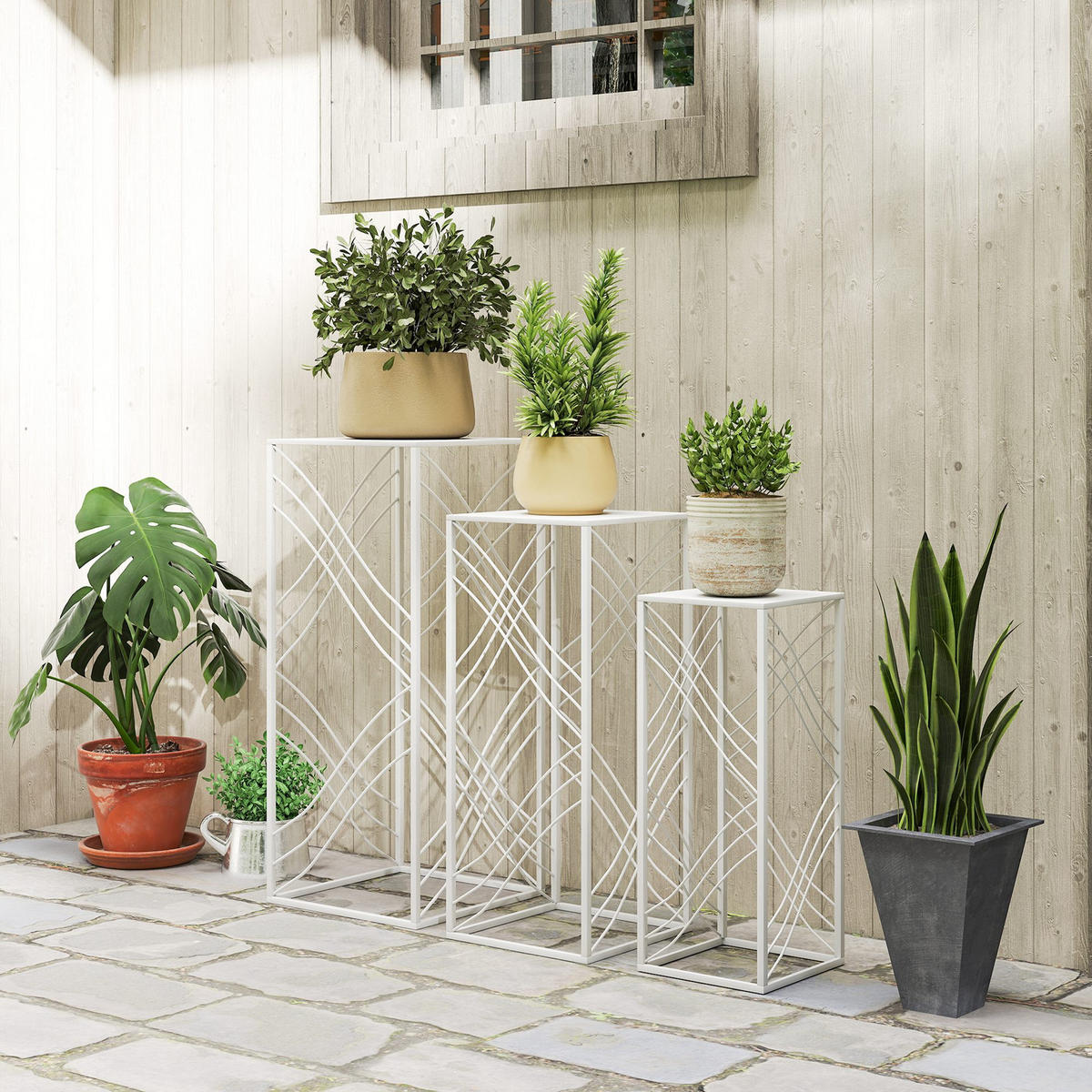 PFLANZENSTÄNDER 3er Set Metall Weiß - Weiß, Metall (70cm) - Outsunny