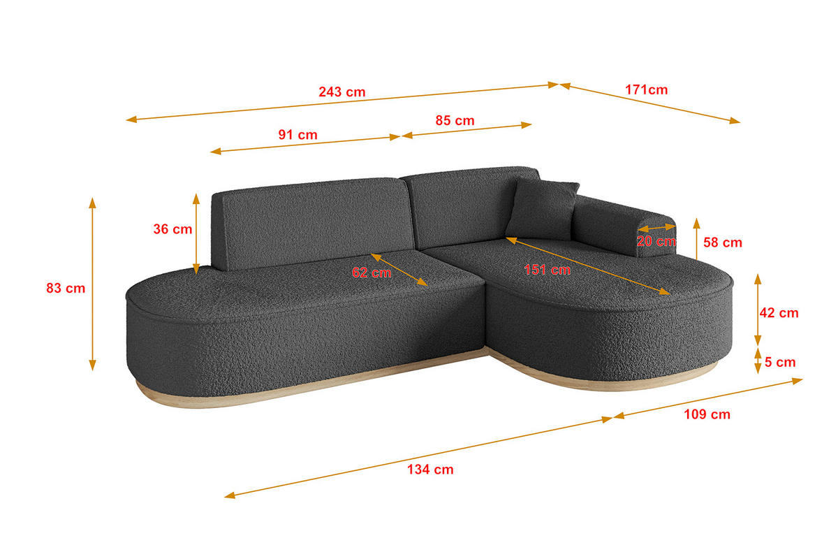 ECKSOFA Ottomane Rechts MARI-L1-v1 - 243x171x83 cm Grau Bouclé - Grau, Holzwerkstoff/Textil (171/243cm) - ALTDECOR
