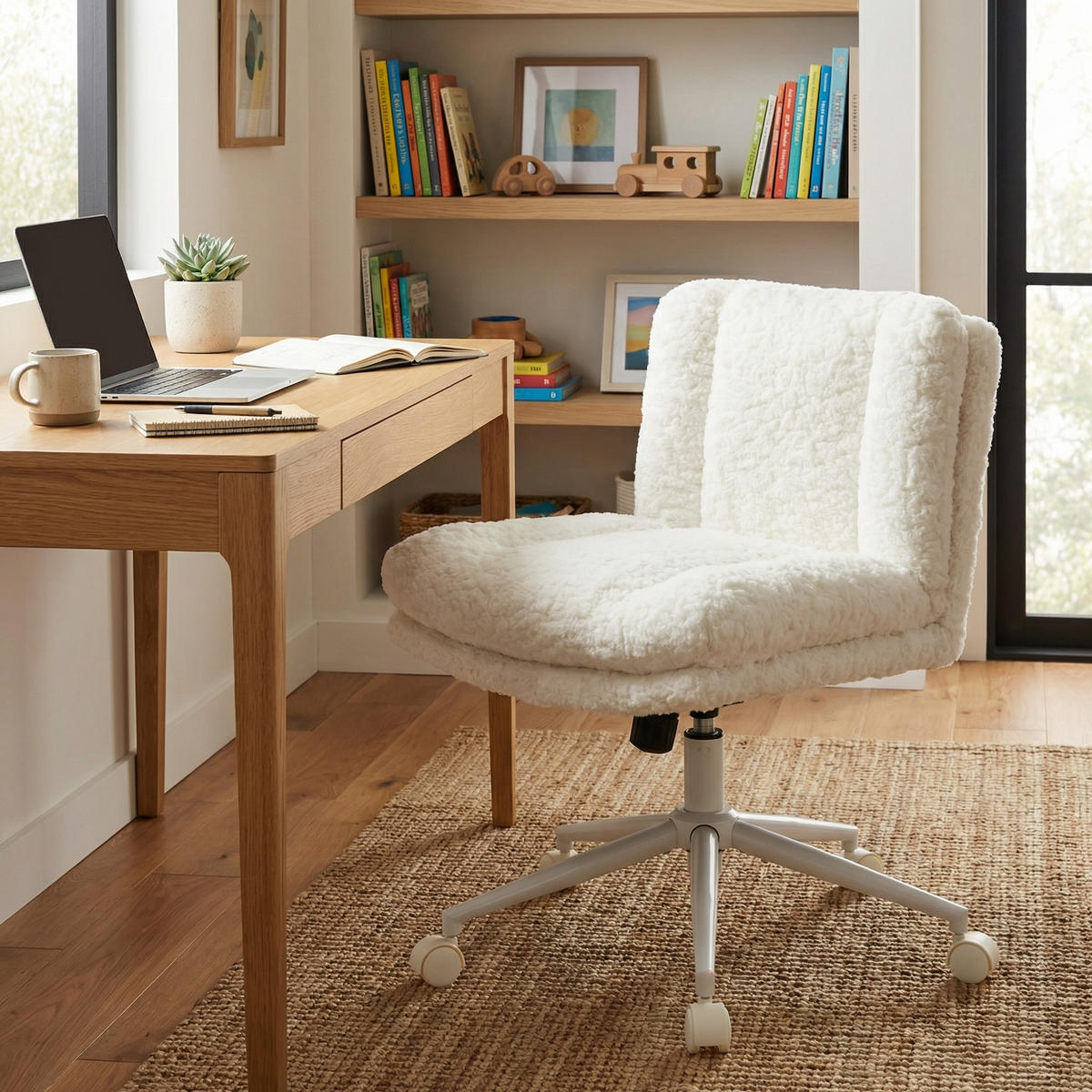 DREHSTUHL Creme Kunstfell mit Rollen, höhenverstellbar - Creme, Textil (63/94/67cm) - Urban Meuble