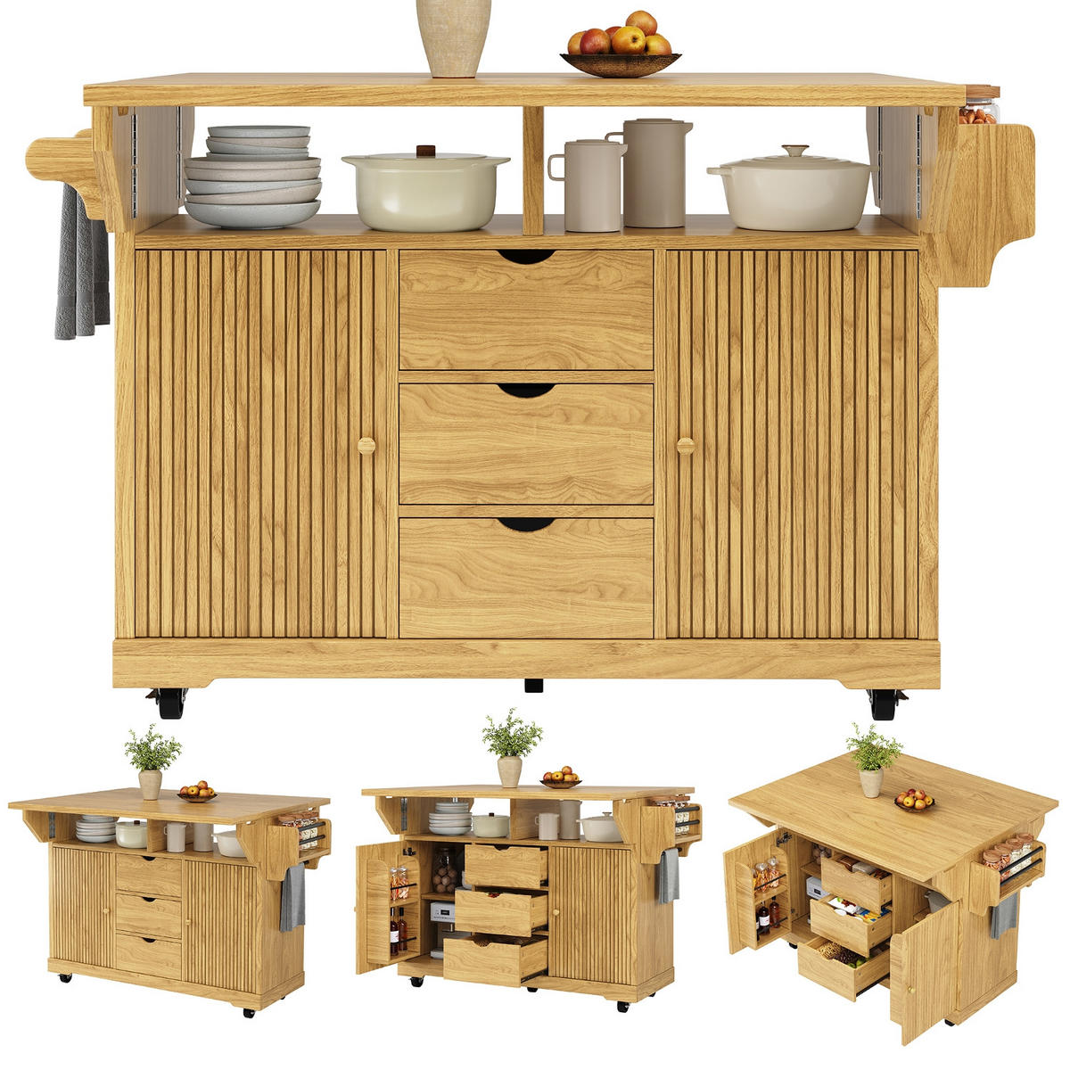 KÜCHENINSEL, AUSKLAPPBARE TISCHVERLÄNGERUNGEN, MDF Naturbraun, Küche, 142,5/80/95 cm - Braun, Holzwerkstoff (80/95/142.5cm) - Rolipo