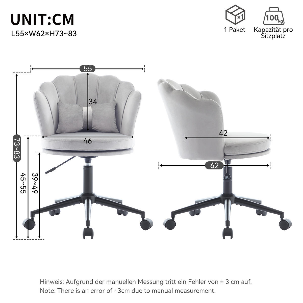 DREHSTUHL Höhenverstellbar,Samt,grau - Grau, Textil (62/73/55cm) - Kaket