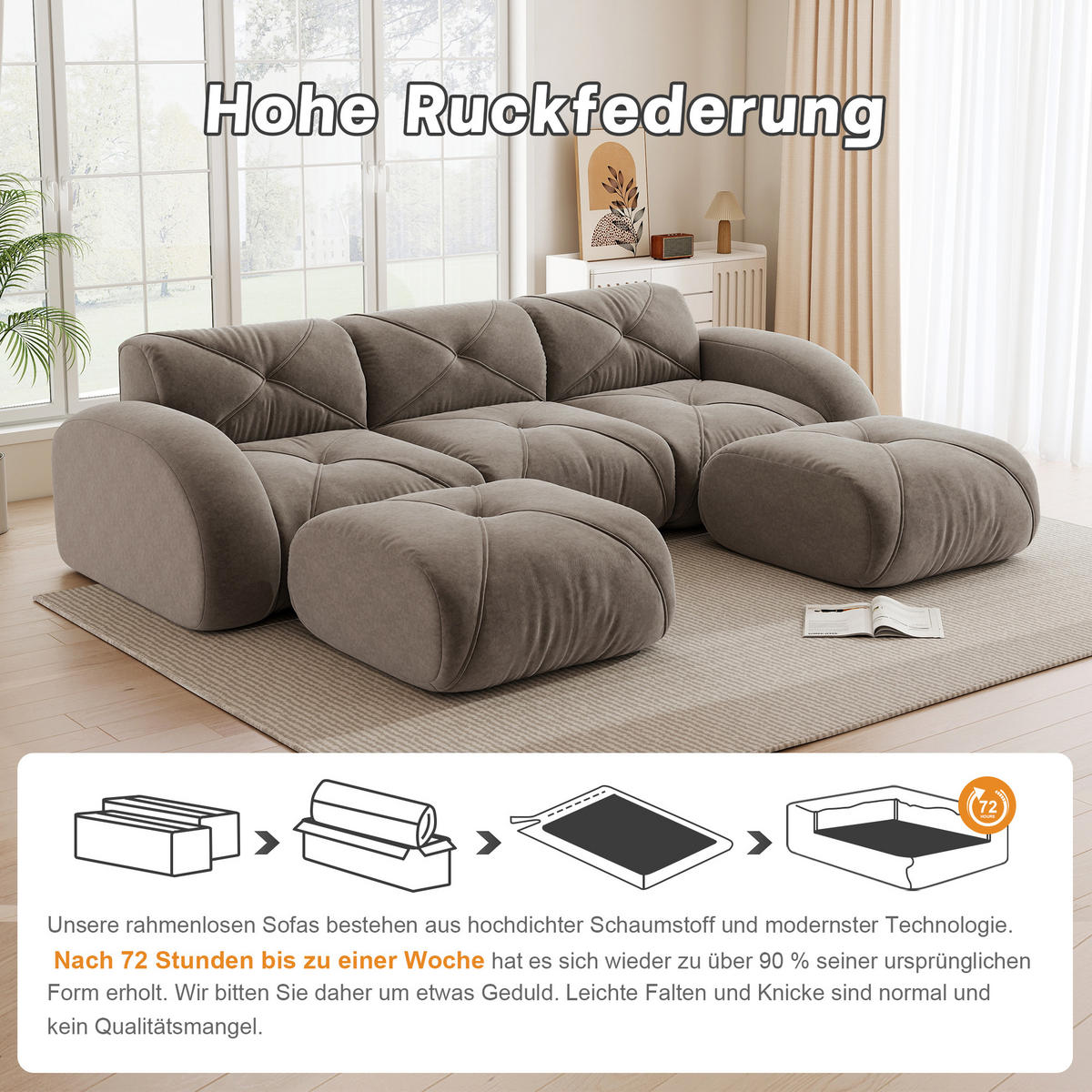 WOHNLANDSCHAFT Braun 281/171/76 cm 3-Sitzer mit 2 Hockern - Taupe, Textil (281/76/171cm) - PANGIVO