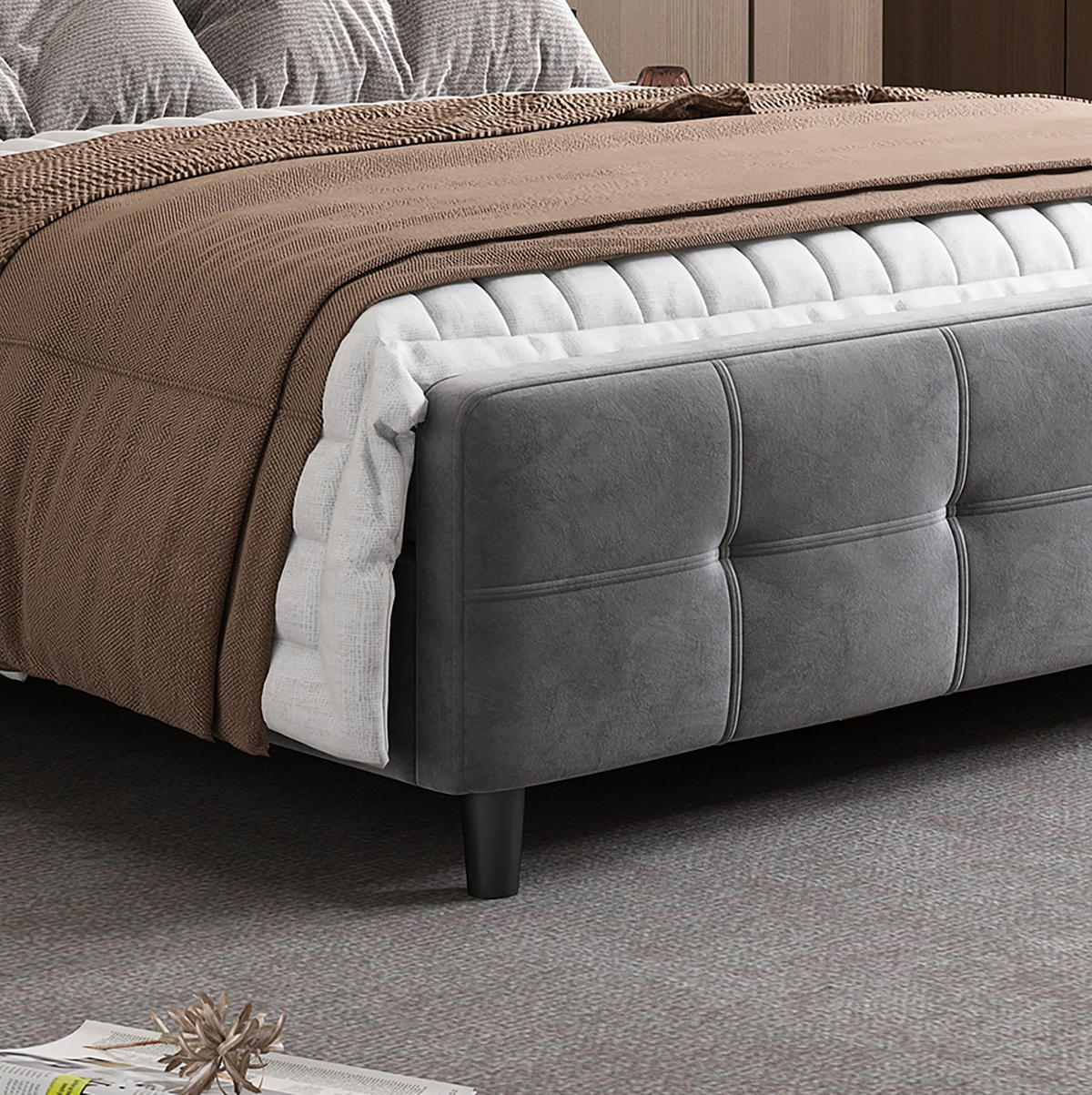 POLSTERBETT aus Samt 140x200 cm Grau mit LED-Beleuchtung und verstellbarem Kopfteil - Grau, Textil (140/200cm) - IVMEU