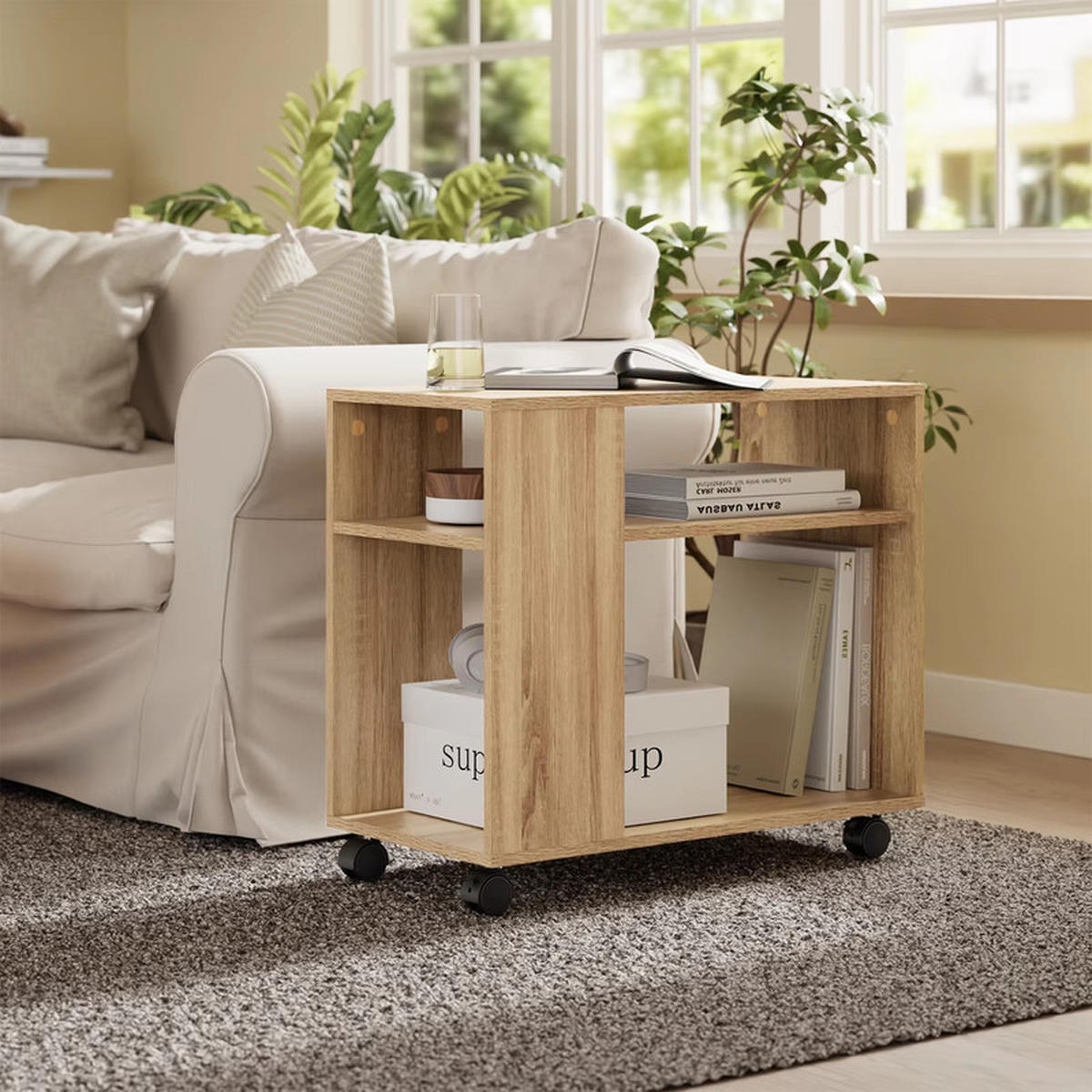 COUCHTISCH mit Rollen 2 Ebenen 70x35x60 cm Ablagefach - Naturfarben, Holz (35/70/60cm) - Kaket