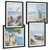 BILDER SET 4er Set - 50x50 cm & 40x60 cm Schwarzer Rahmen - Strandbretter, Surfboote, Vögel - Schwarz, Kunststoff (50/50cm) - TULUP