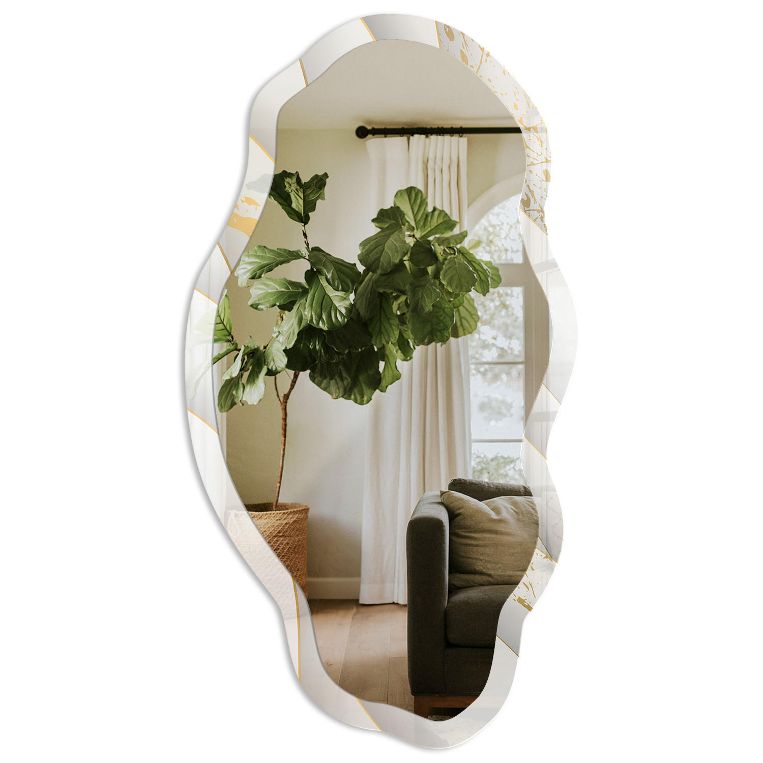 SPIEGEL 90x45 cm asymmetrisch mit Druck - Moderne Wellen - Transparent, Glas (45/90/0.4cm) - TULUP