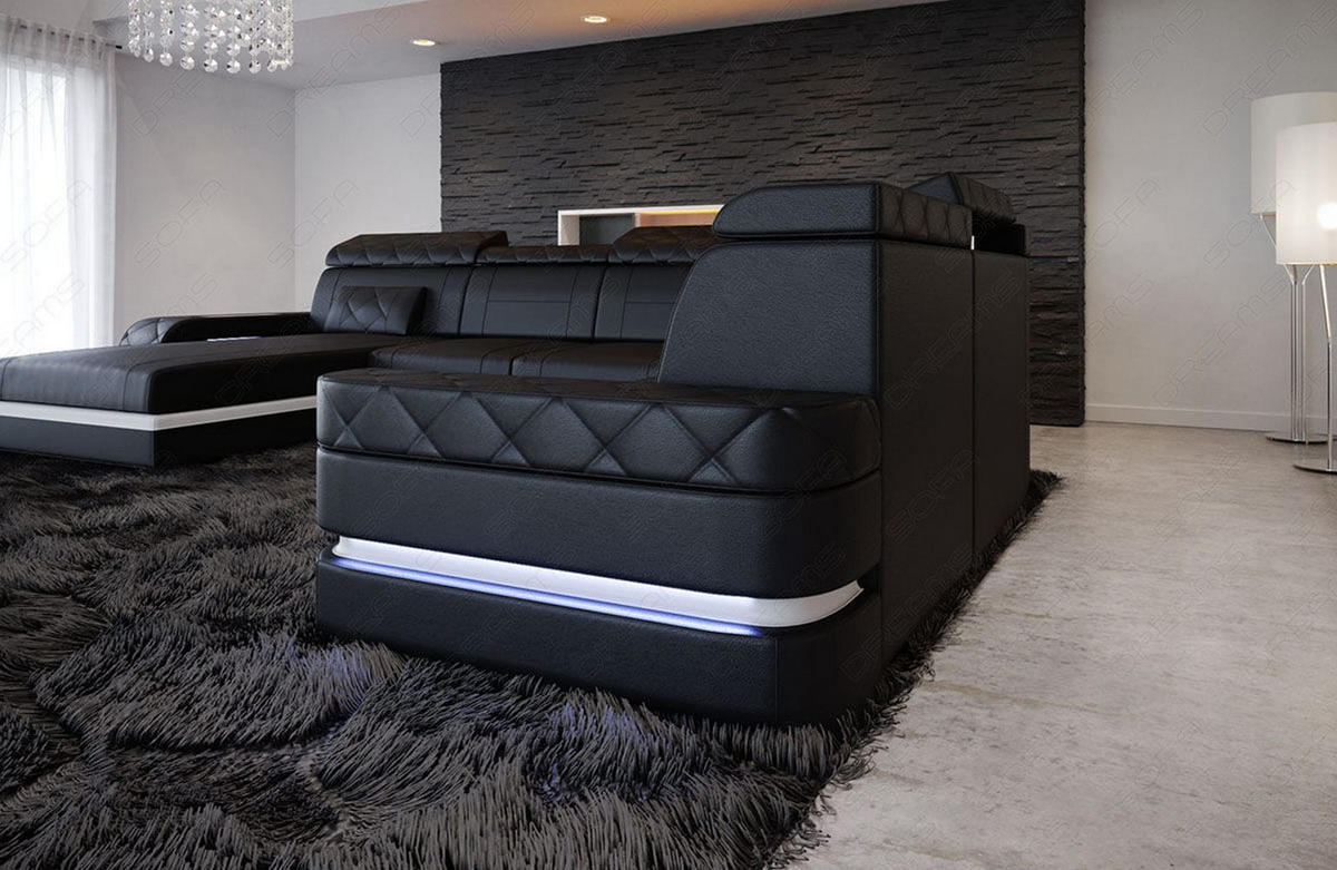 WOHNLANDSCHAFT Bologna Schwarz Weiß Büffelleder - Schwarz, Leder (397/89/299cm)
