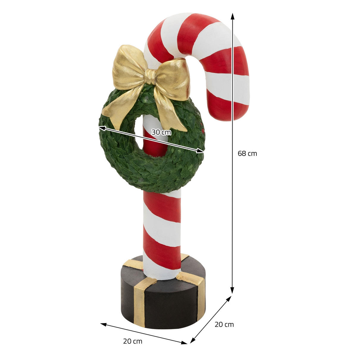 DEKORATIVNÍ FIGURKA CUKROVÉ TYČINKY s LED osvětlením, vánoční dekorace do interiéru, výška: 68 cm, s věncem 30 cm a mašlí - různobarevná, kámen (30/68/20cm) - ECD-Germany