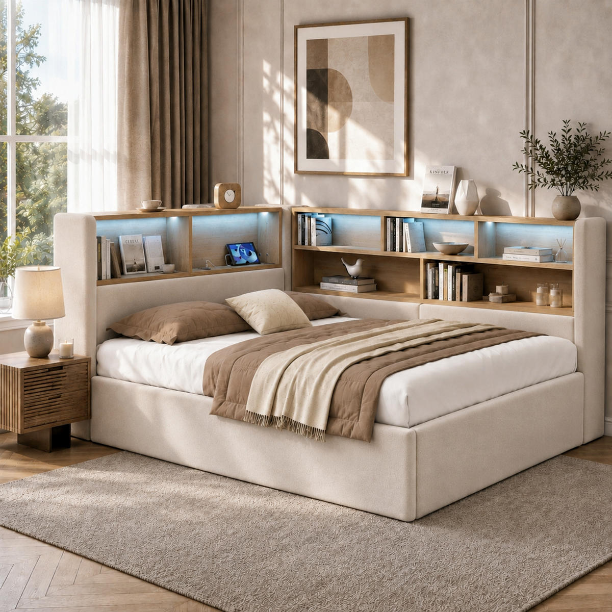 BETT 140/190 mit Bettkasten, LED und USB in Beige - Beige, Holzwerkstoff/Textil (140/190cm) - EVRYAE