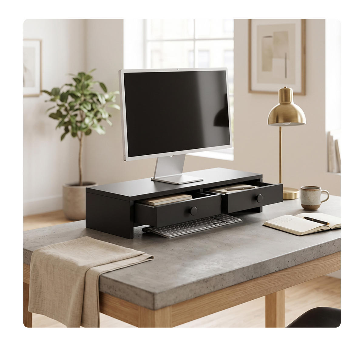 MONITORSTÄNDER Schwarz MDF 2 Schubladen 47x18x12,5 cm - Schwarz, Holzwerkstoff (18/47/12.5cm) - Relaxdays