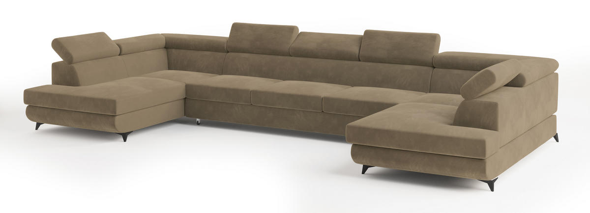 WOHNLANDSCHAFT URMANO Beige Velours-Stoff mit Schlaffunktion - Beige, Holz (395/89/190cm) - MASSENO