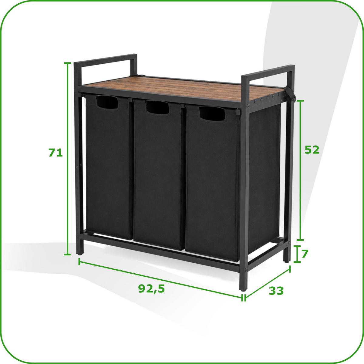 WÄSCHEKORB Metall Schwarz 3 herausnehmbare Wäschesäcke 114 Liter 92,5x33x71 cm - Dunkelbraun/Schwarz, Holzwerkstoff/Textil (92.5/71/33cm) - Begryf