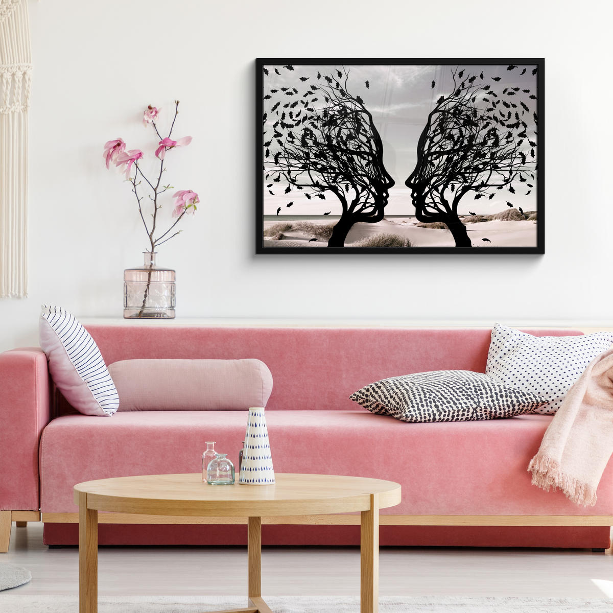 ZARÁMOVANÝ PLAGÁT Pláž - more - ľudia - strom - moderné umenie 90x60 cm - svetlosivá, papier (90/60cm) - MuchoWow