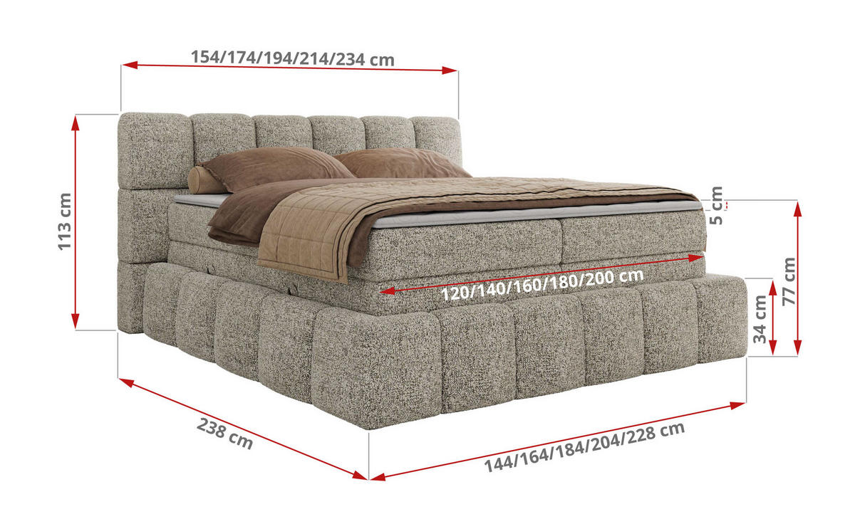 BOXSPRINGBETT NIRA KING 120/200 Beige Strukture - H3 - Beige, Holz/Textil (120/200cm) - MKS