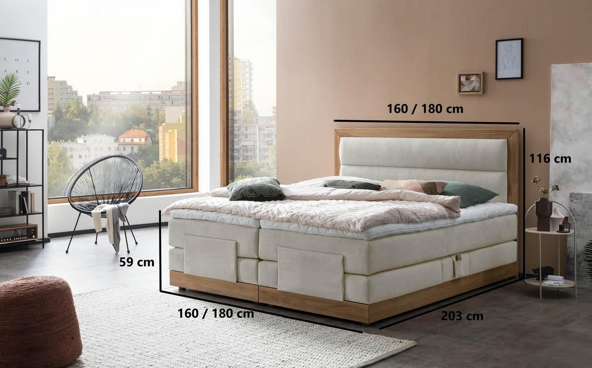 BOXSPRINGBETT ELEKTRISCH VERSTELLBAR MODELA 180x200 Beige H2 und H3 Motorbett in Eiche mit 7-Zonen Taschenfederkern Matratze inkl. Visco Topper - Beige, Textil (180/200cm) - Belanoti
