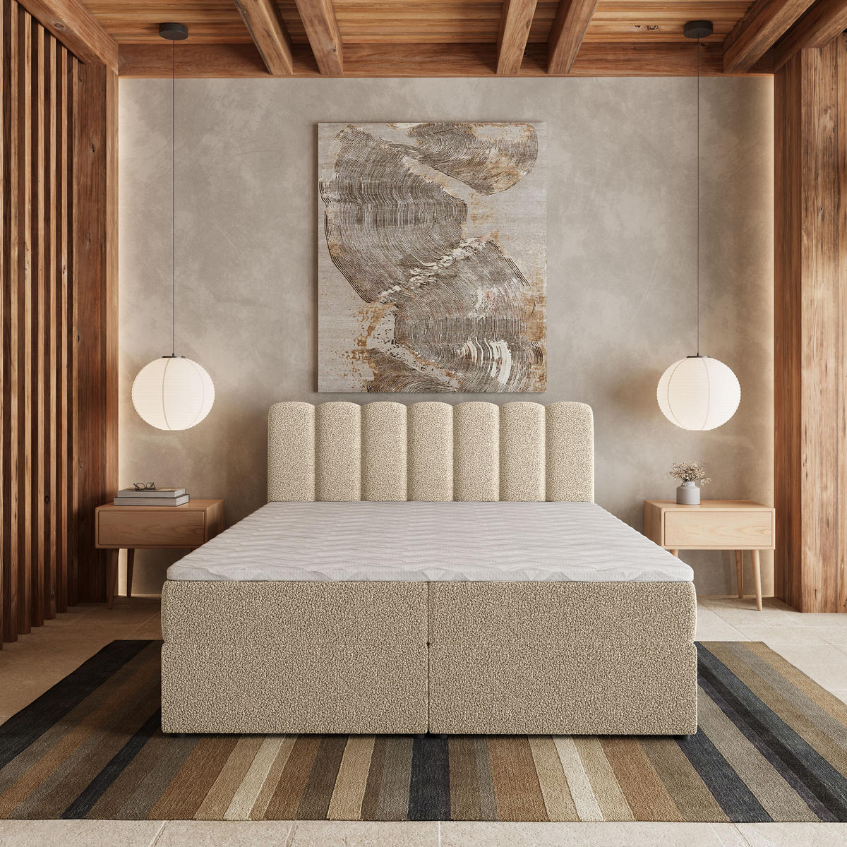 BOXBETT SOLIA 180x200 cm mit Matratze und Topper, H2+H3 - Creme - Creme, Holz (180/200cm) - MASSENO