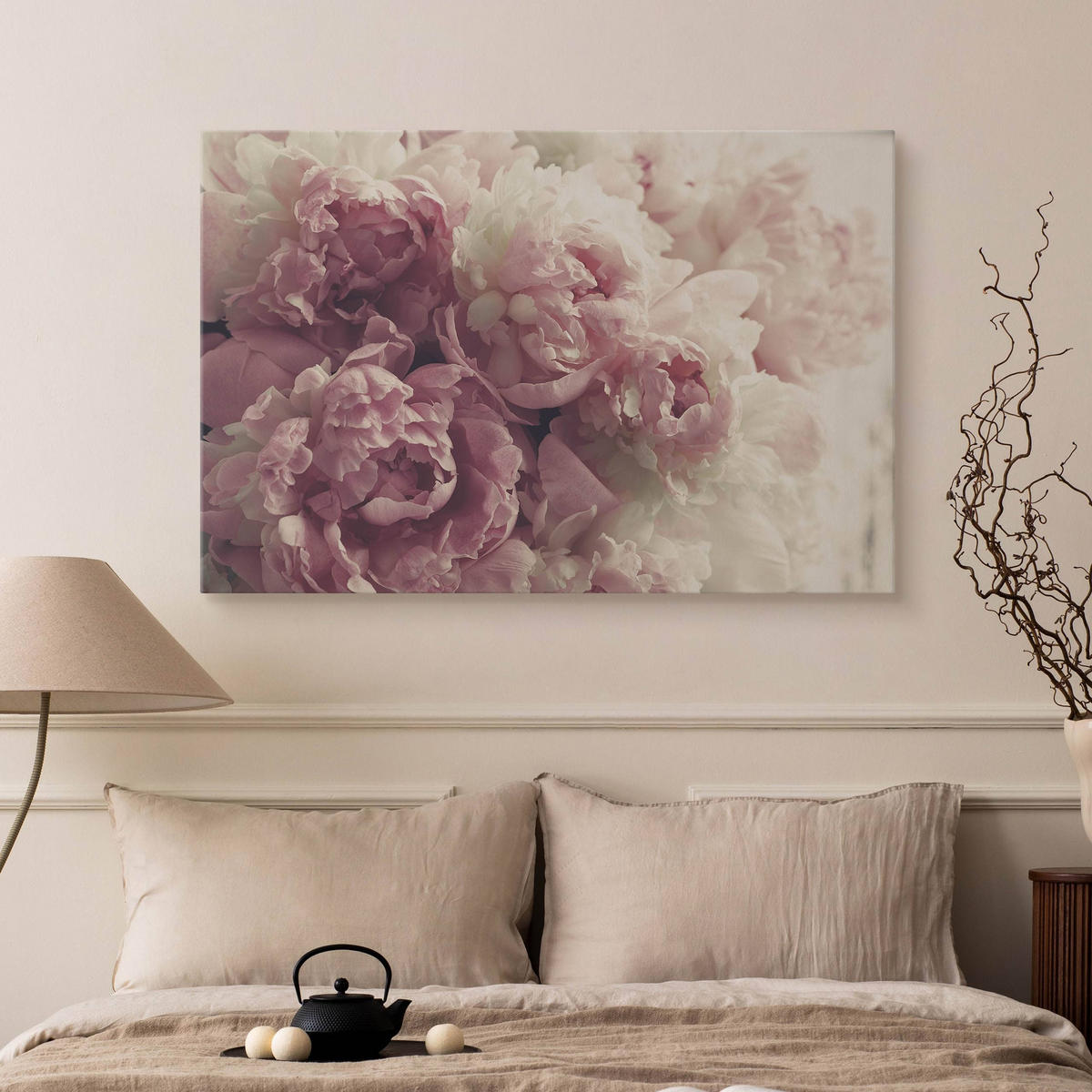LEINWANDBILD Pfingstrosen Blumen 3D Pflanzen Natur 100x70 - Beige/Weiß, Textil (100/70cm) - Muralo