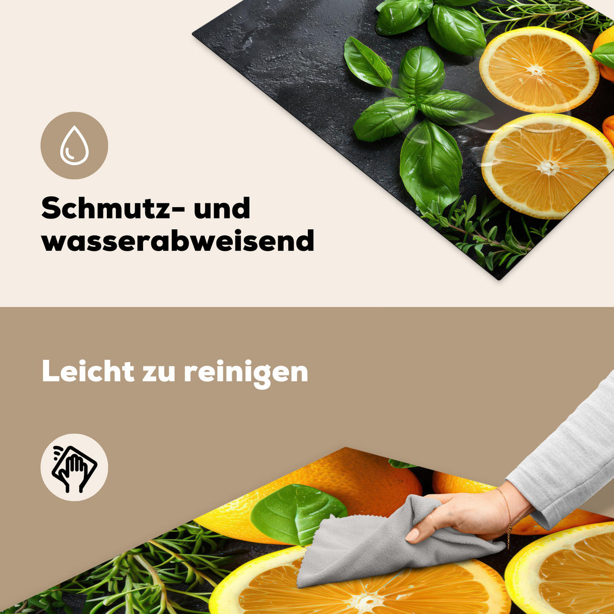 HERDABDECKPLATTE Obst - Grau - Konkret - Orange - Pflanzen Herdabdeckung Induktionsfeld 75x52 cm - Anthrazit, Kunststoff (75/52/0.2cm) - MuchoWow