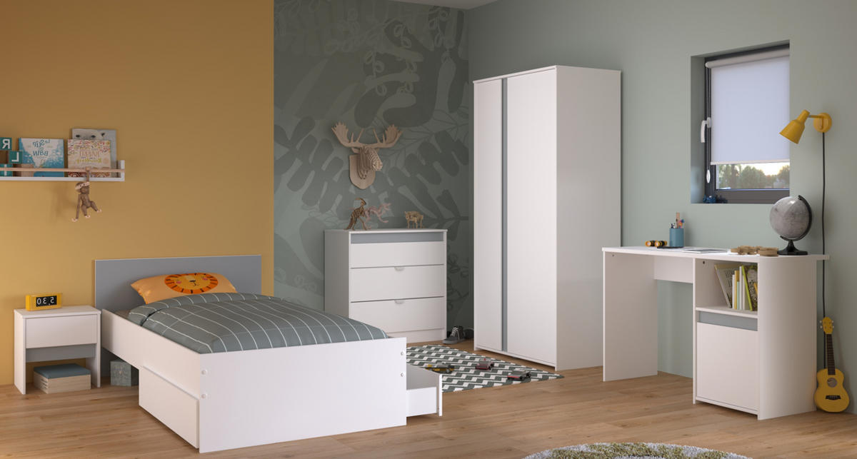 JUGENDZIMMER Set 5-tlg. mit Kleiderschrank Kommode Bett 90x200 - Weiß, Holzwerkstoff (203/182/68cm) - Parisot Meuble