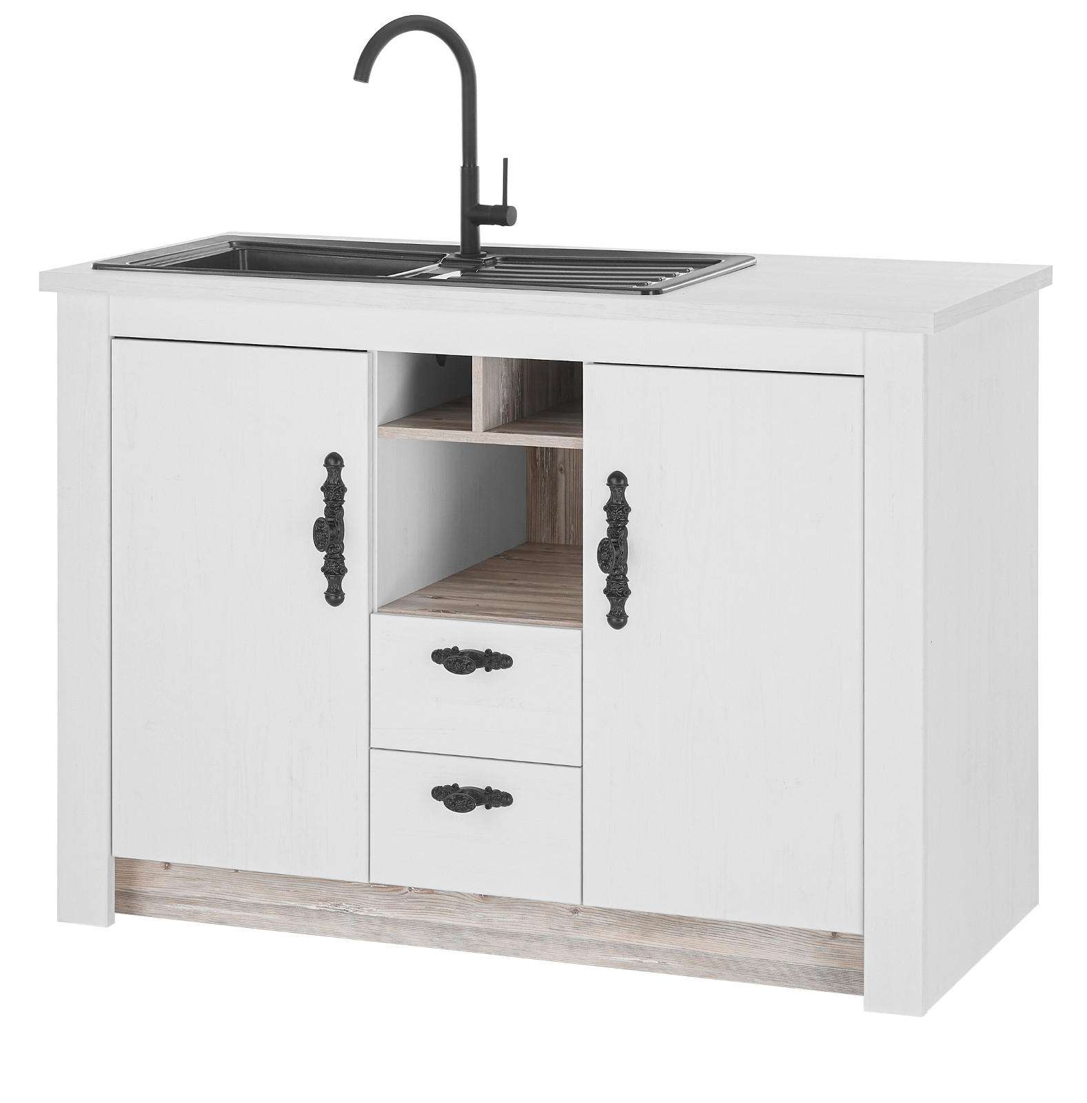 KÜCHENSCHRANK weiß Pinie Landhaus, Küche Unterschrank für Spüle oder Kochfeld, 129 x 92 cm, Soft-Close - Schwarz/Weiß, Holzwerkstoff/Metall (129/92/60cm) - Furn.Design