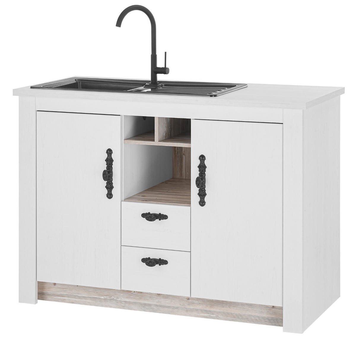 KÜCHENSCHRANK weiß Pinie Landhaus, Küche Unterschrank für Spüle oder Kochfeld, 129 x 92 cm, Soft-Close - Schwarz/Weiß, Holzwerkstoff/Metall (129/92/60cm) - Furn.Design