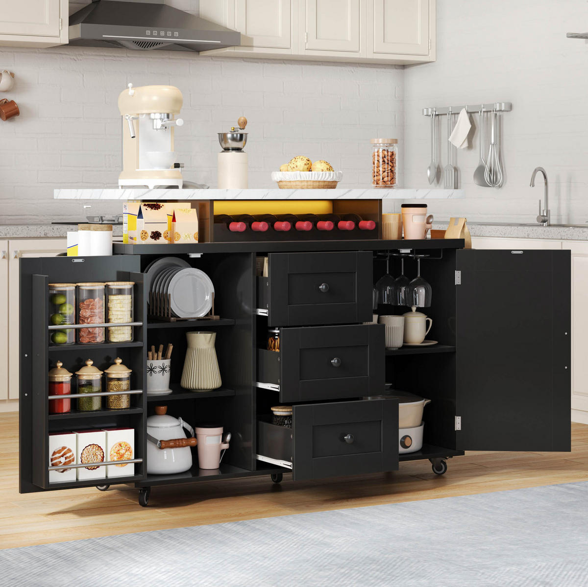 KÜCHENINSEL mit klappbarer Arbeitsplatte 138 x 60 x 93 cm MDF Schwarz - Schwarz, Holz (60/93/138cm) - Beauniv