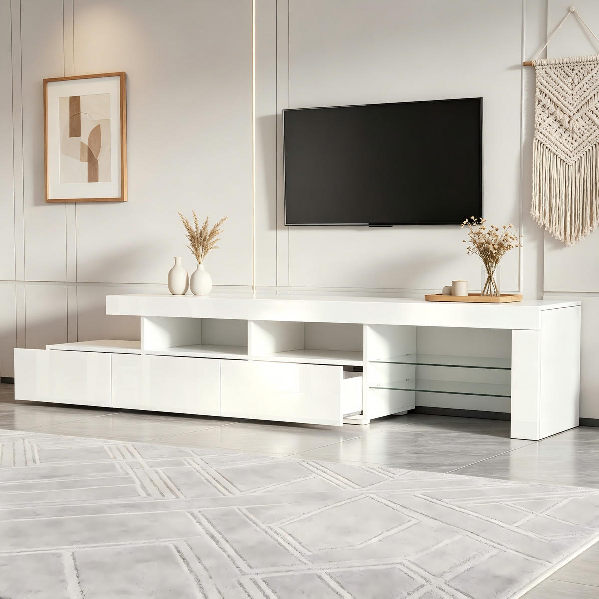 TV-RACK 180x35x45cm Hochglanz-Weiß mit App-gesteuerter LED-Beleuchtung - Weiß, Holz (42.49/10.01/162cm) - Raelunyi