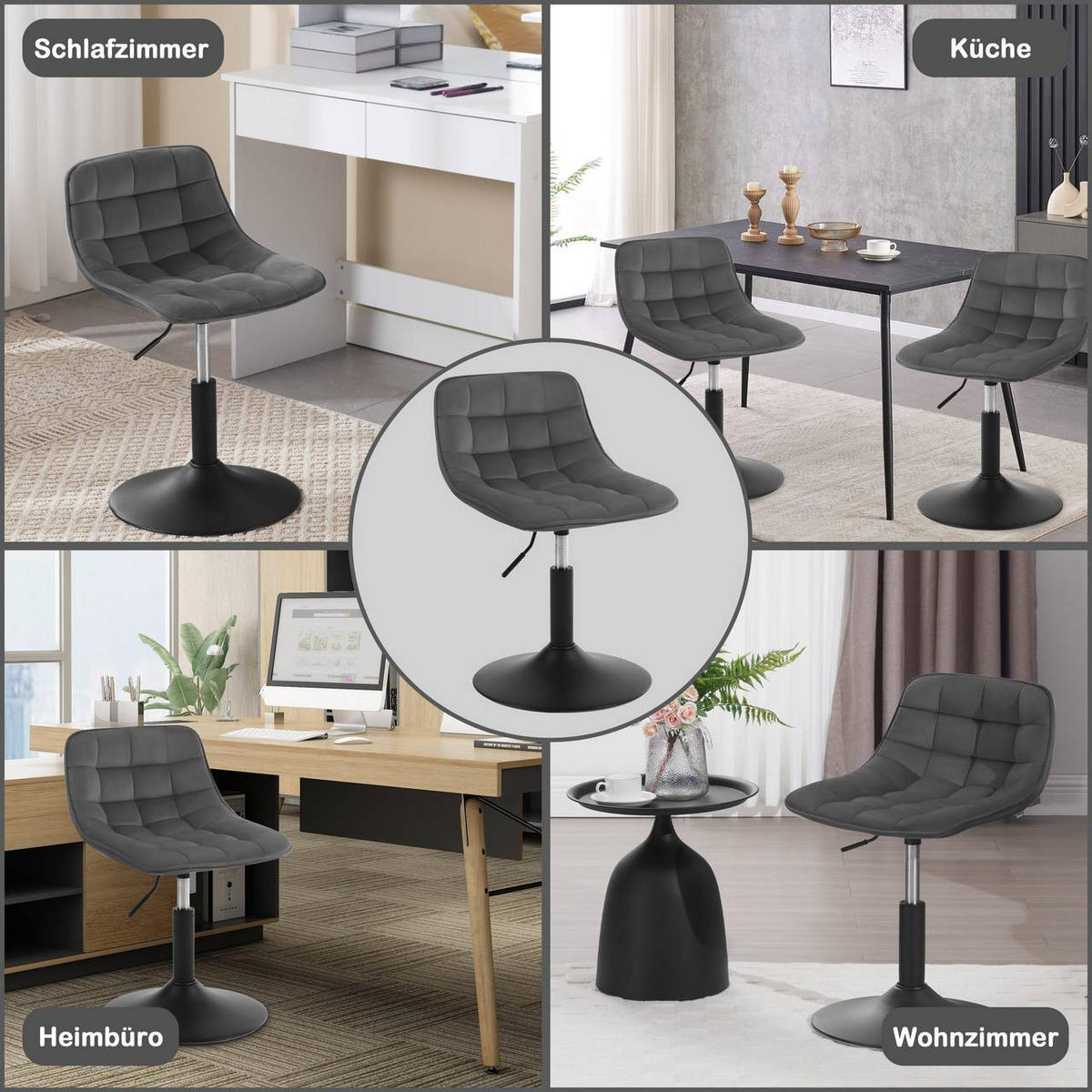 BARHOCKER Mehrzweck 360° Schwenken Samt, Dunkelgrau - Dunkelgrau/Schwarz, Textil/Metall (42.5/72/45cm) - Woltu