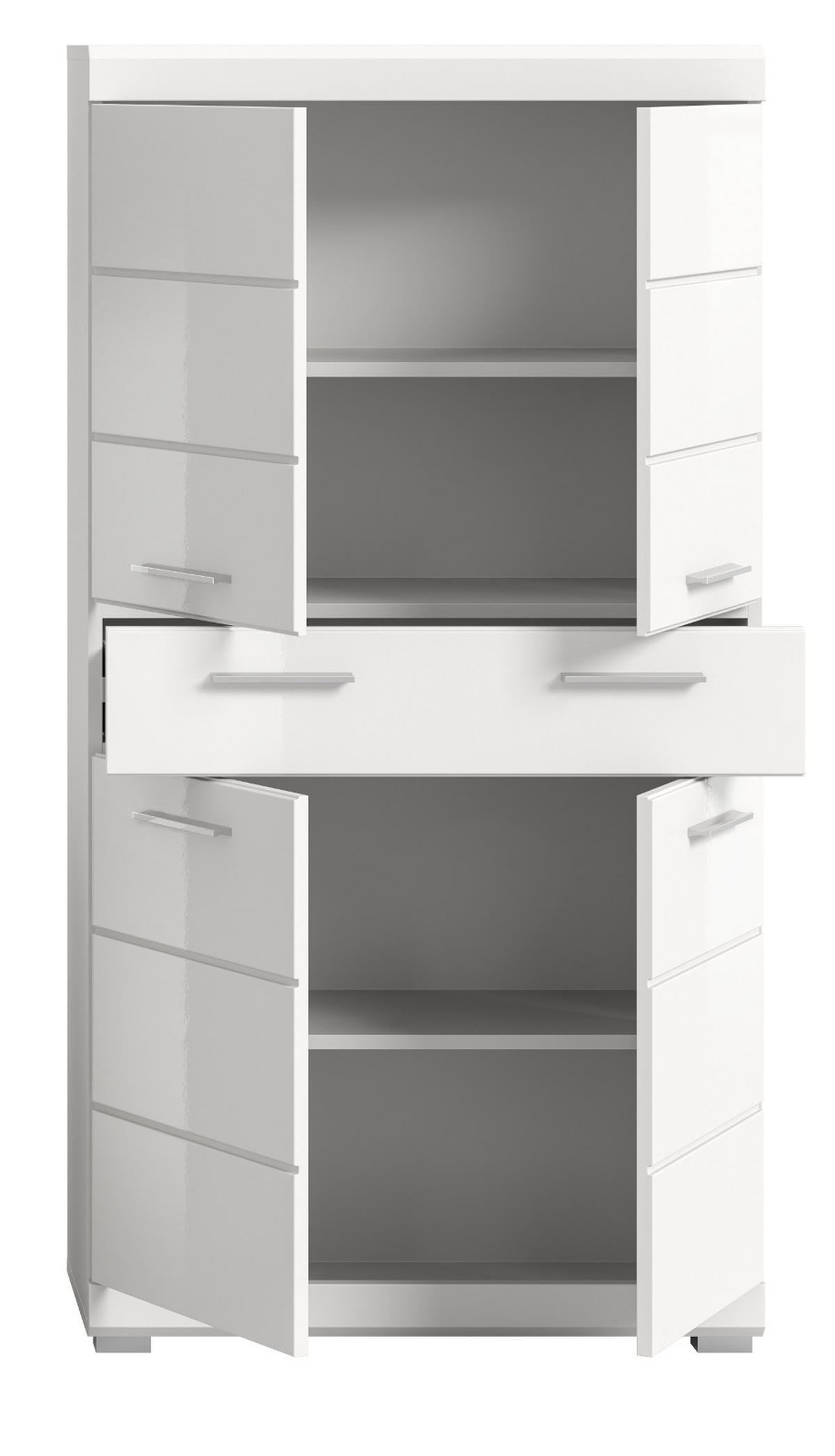 MIDISCHRANK weiß Hochglanz 74 x 141 cm, Badschrank 4-türig - Weiß Hochglanz/Silberfarben, Holzwerkstoff/Kunststoff (74/141/31cm) - Inn.Furn