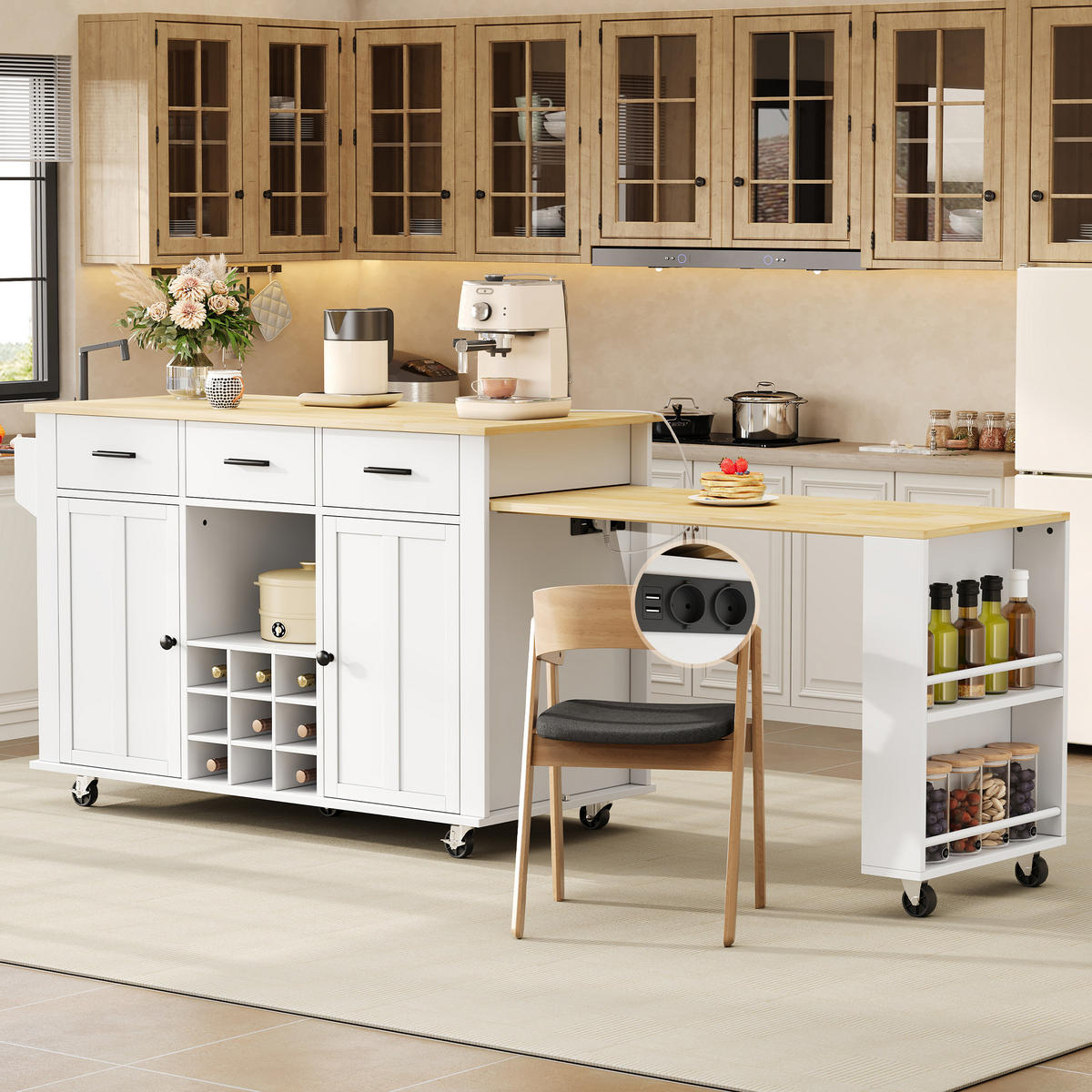 KÜCHENINSEL 93 cm MDF Natur Weiß mit Ausziehbarer Arbeitsplatte und Weinregal - Weiß, Holzwerkstoff (50/93/136cm) - Korfee