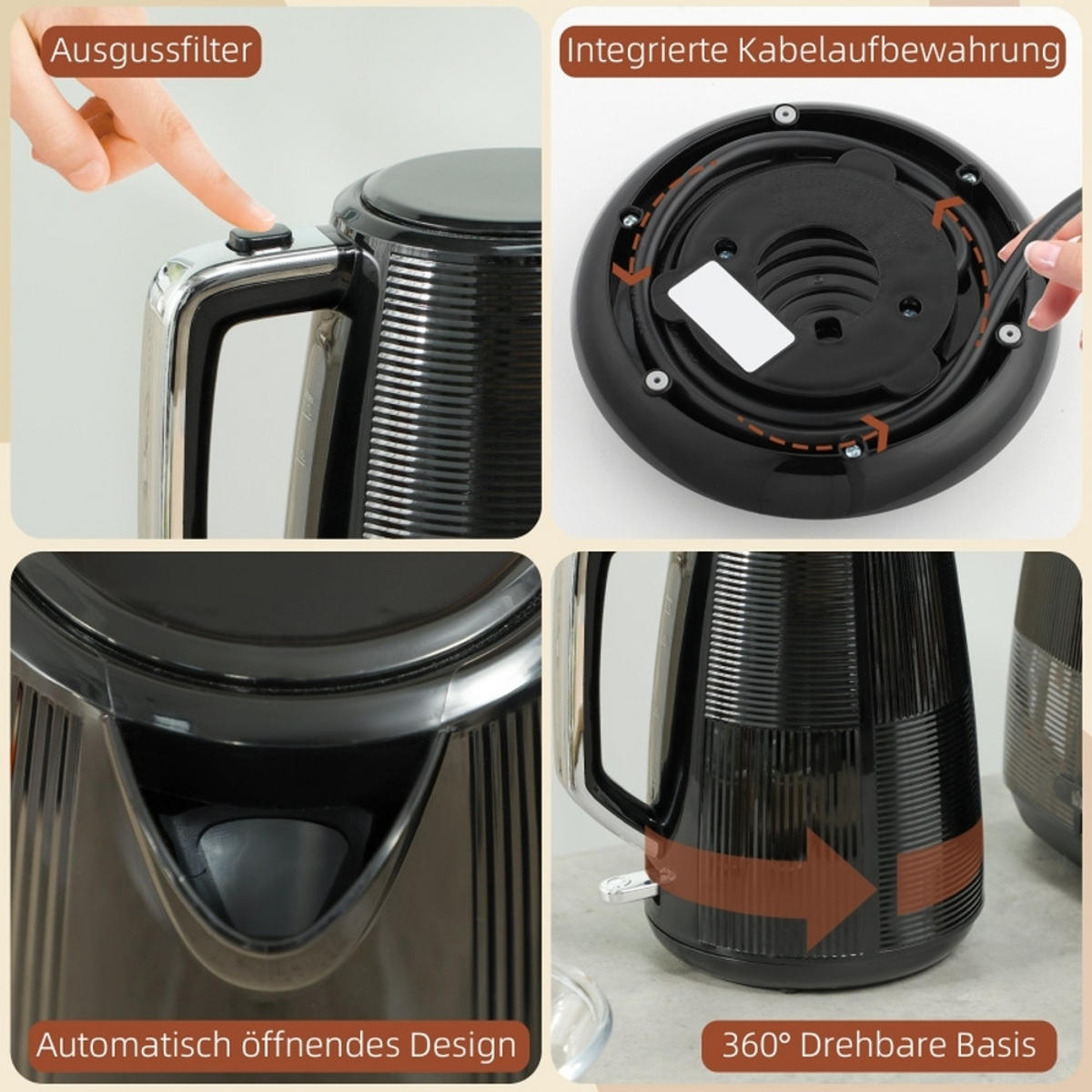 WASSERKOCHER-TOASTER Edelstahl Schwarz 1,7 L - Schwarz, Kunststoff (15.6/23.3/20.4cm) - Rolipo