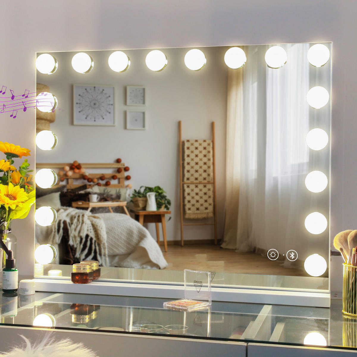 SCHMINKSPIEGEL mit LED-Beleuchtung und Bluetooth weiß 80/58 cm - Weiß, Metall (80/58/3cm) - VANITII
